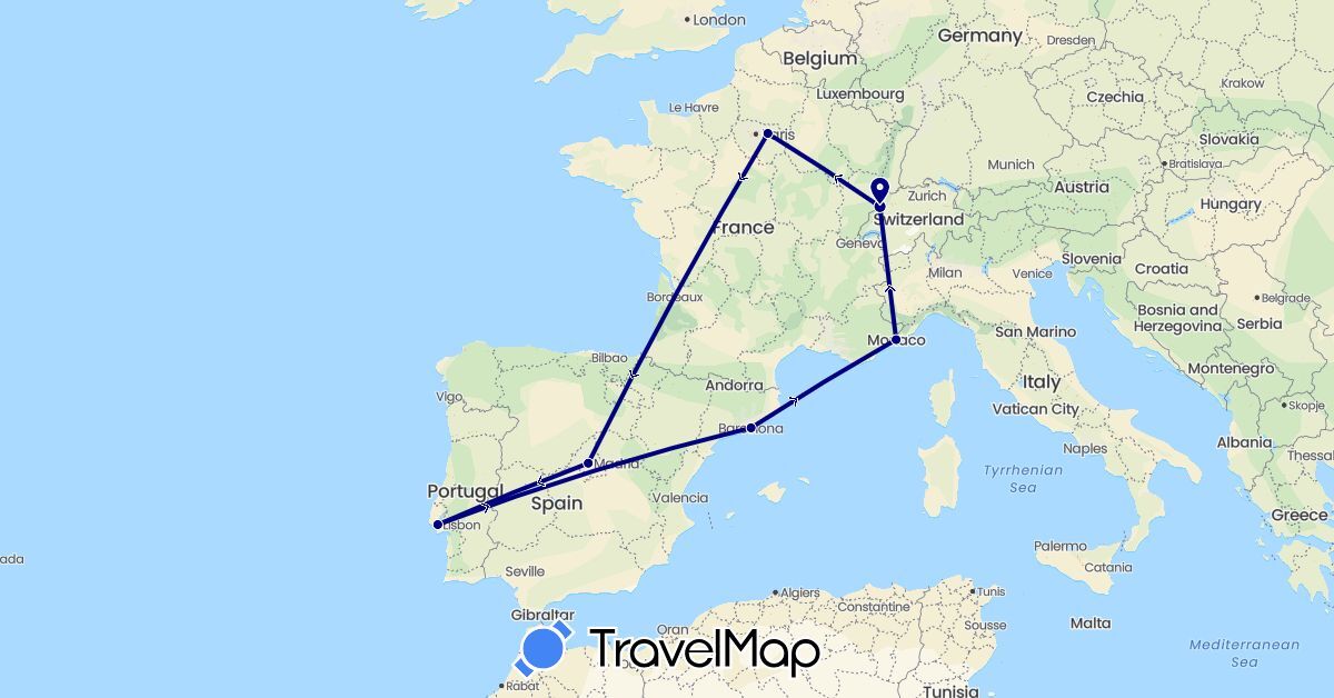 TravelMap itinerary: driving in Switzerland, Spain, France, Monaco, Portugal (Europe)